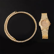 Iced Out Chain + Watch+Bracelet Rhinestone Bling Crystal Tennis Chain Set For Men