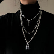 Multilayer Necklace Metal Cross Pendant Silver Color Chain Necklace Unisex