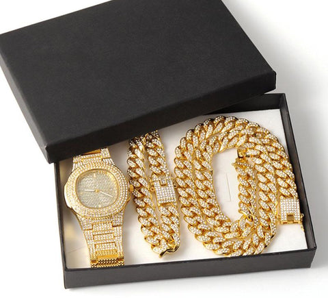 Gold Chain +Watch+Bracelet Chain Full Iced Out Paved Rhinestones CZ Bling For Men
