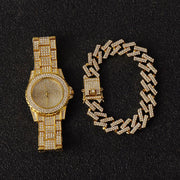 Chain +Watch+Bracelet Bling Iced Out Zircon Prong Pave Rhinestone Chain Set for Men