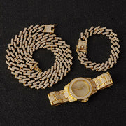 Chain +Watch+Bracelet Bling Iced Out Zircon Prong Pave Rhinestone Chain Set for Men