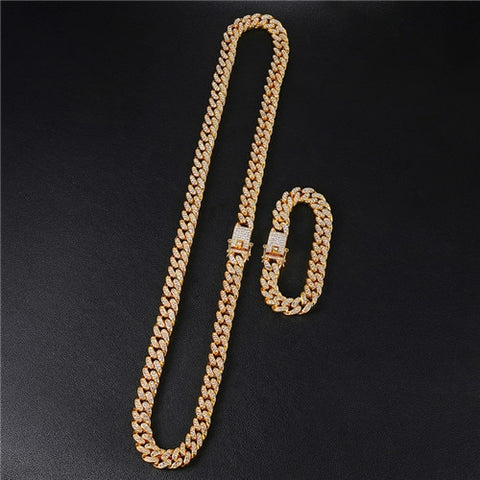 Iced Out Paved Rhinestones 1Set 13MM Unisex Cuban Chain CZ