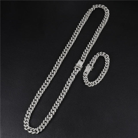 Iced Out Paved Rhinestones 1Set 13MM Unisex Cuban Chain CZ