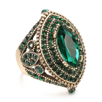 Luxury Antique Vintage Look AAA Green Crystal Boho Gold Color Ring