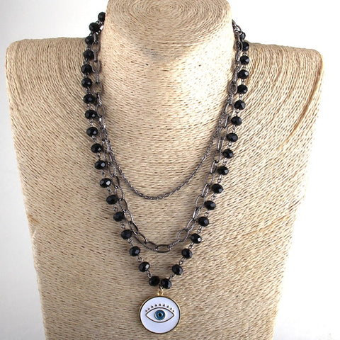 Bohemian Tribal Evil Eye & Multiple Black Glass Crystal Rosary Link & Chain Cross Pendant Necklaces