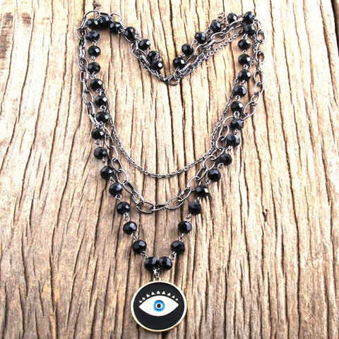 Bohemian Tribal Evil Eye & Multiple Black Glass Crystal Rosary Link & Chain Cross Pendant Necklaces