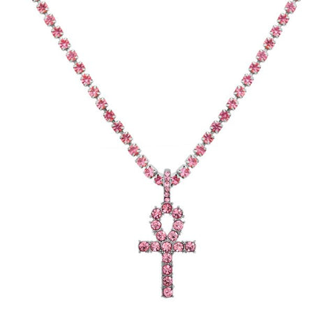 Iced Out Crystal Ankh & Cross Pendant Tennis Necklace Shining Rhinestone Chain
