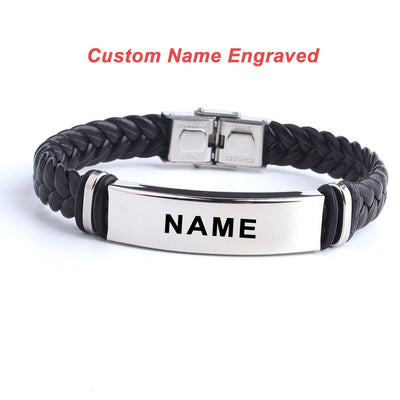 Black Custom Engrave Name Leather Bangle & Bracelet Stainless Steel Unisex ID Bracelet