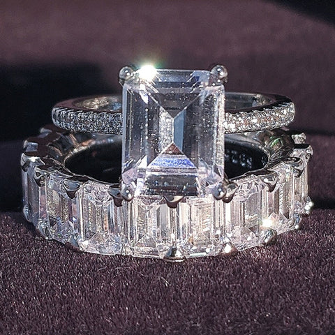 Luxury Real 925 Sterling Silver Oval Princess Cut Eternity Zirconia Ring Set