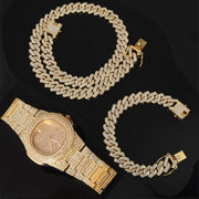 Chain +Watch+Bracelet Silver & Gold Color Full Iced Out Paved Rhinestones CZ  For Men