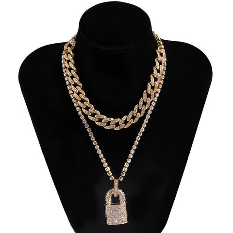Bling Lock Pendant  Iced Out Shiny Cubic Zircon Chain Set for Men
