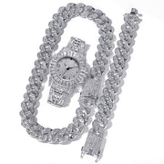 Iced Out Chain Paved Rhinestones Bling Watch Set for Men