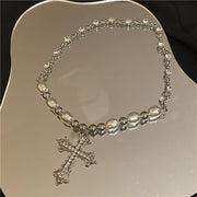 Vintage Minimalist Bling Cross Pendant Pearl Necklace