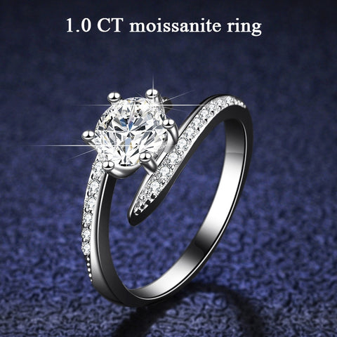 100% Real Moissanite Round Brilliant Diamond 6 Prong Bent Nail Sterling Silver Ring