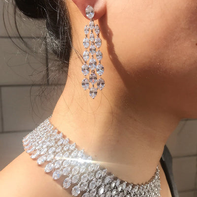 Luxurious Clear White Stone cubic zirconia micro pave setting Heavy choker with earrings set